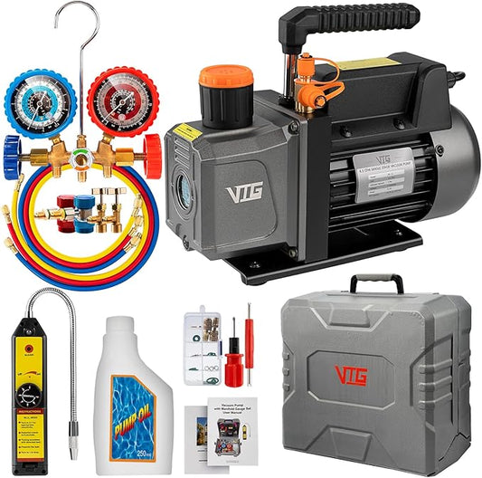 VTG VOGTEN 4.5 CFM AC Vacuum Pump and Gauge Set,for Mini Split/HVAC/Auto Systems,Manifold Gauge Kit Fits R134a R12 R22 R502,with Leak Detector,Upgraded Trifold Storage Case,3 Hoses,2 R134a Can Taps