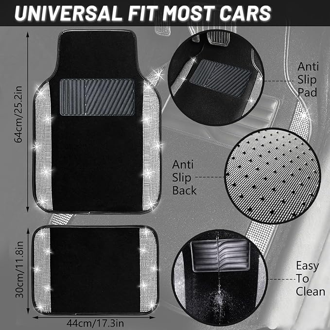 NBTEPEM 12 Pcs Bling Car Accessories Set for Women Car Floor Mats Full Set Steering Wheel Cover Seat Belt Covers Coasters Universal Fit Car SUV Truck Van Silver