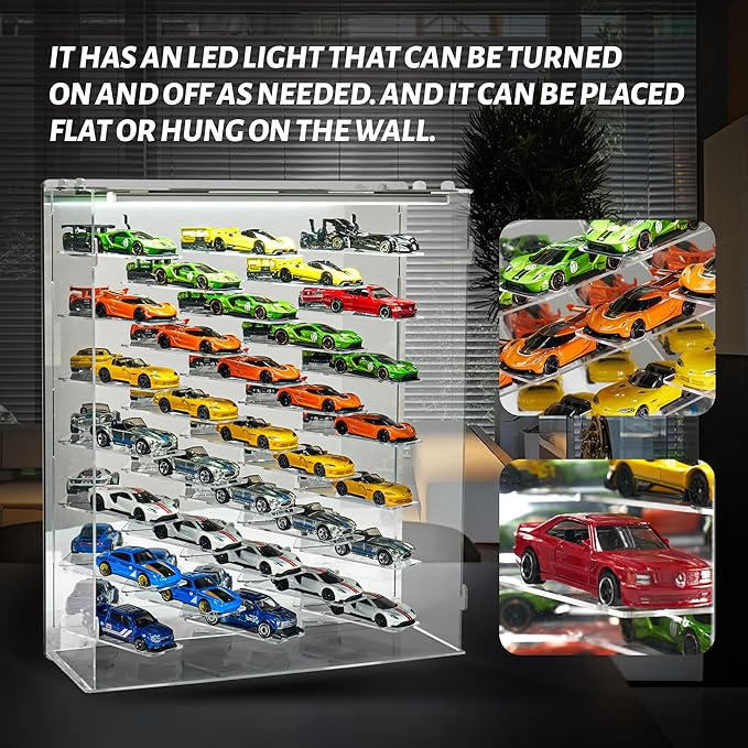 Display Case for Hot Wheels Cars, Compatible with 1:64 Scale Diecast Cars, Wall Mountable/Tabletop Display Case with LED Lights & Dustproof Cover,33 Park, Maximum 40 Toy Cars,Mirrored Background