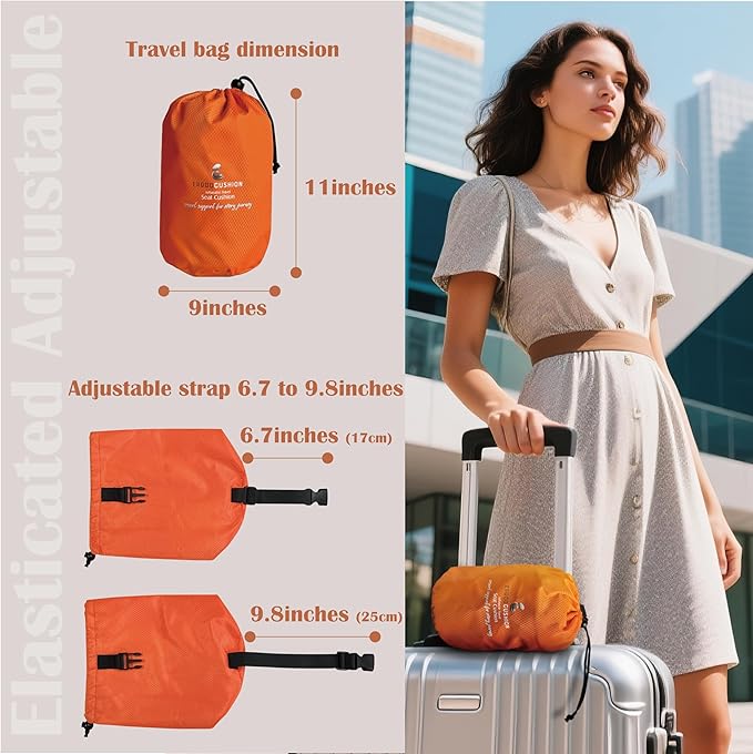 Inflatable Travel Seat Cushion with Built‑in Manual Pump, Adjustable Firmness & Compact Storage –Firm Support for Airplane, Car & Office Chairs, Generous 18x16, Carry Bag Included