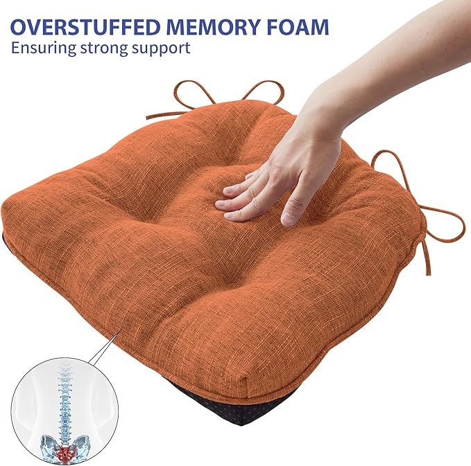 IPYNBAP Chair Cushions for Dining Chairs Set of 4, Kitchen Chair Cushions, Chair Pads with Ties and Non Slip Backing, Tufted Memory Foam Seat Cushion 4 Pack, 15.5" x 15.5" x 4", Orange