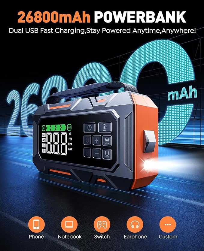 Portable Jump Starter with Air Compressor 8000A 160PSI, 16-in-1 Car Battery Jump Starter with Emergency Kit, Auto-Shutoff Tire Inflator, Jumper Cables, Jump Box Car Battery for All Gas/14L Diesel