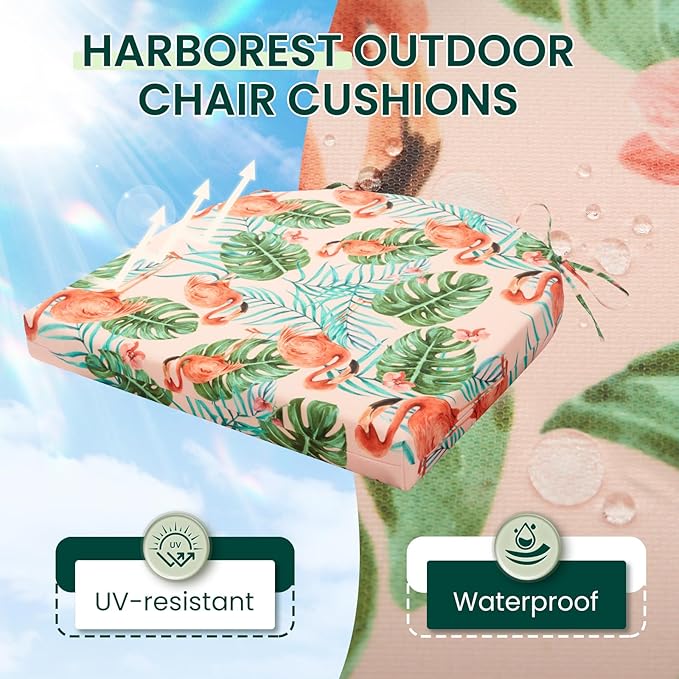 HARBOREST Outdoor Chair Cushions Set of 2, Water Resistant Patio Chair Cushions with Ties, Outdoor Seat Cushions for Patio Furniture, 17"x16"x2", Flamingo