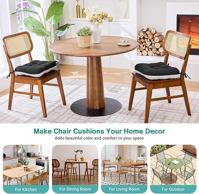 BETU Black Chair Cushions for Dining Chairs Set of 2,3.5" Thick Kitchen Table Chair Pads with Ties,Non Slip Backing and Covers,Seat Cushion for Dining Room,Bar,Patio Chairs,15.5"X15.5"X3.5",Black