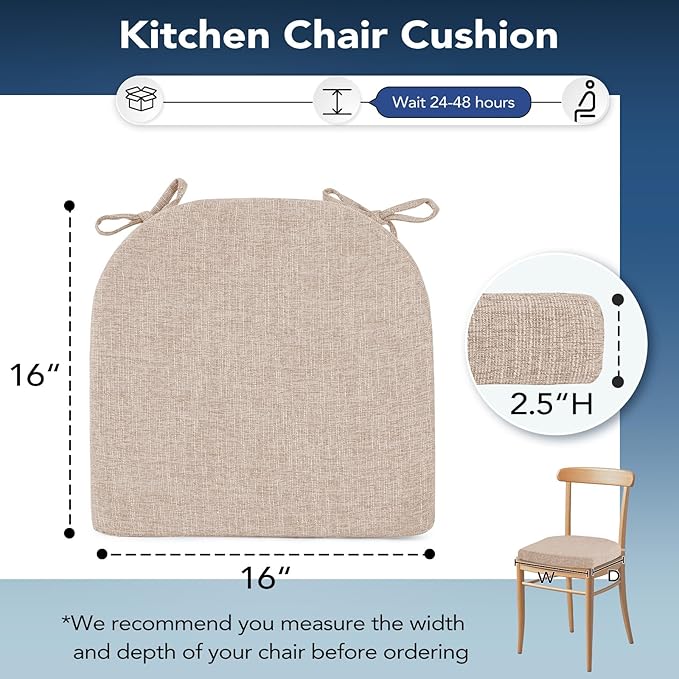 Chair Cushions for Dining Chairs, Non Slip Chair Pads with Ties and Washable Covers, Memory Foam Kitchen Chair Cushions Set of 6, 16"X16"X2.5", Oatmeal Beige