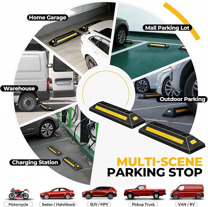 Auto Dynasty 2Pcs Heavy Duty Parking Aid for Garage, 21" Rubber Tire Stops for Garage Floor, High Visibility Garage Car Stopper with Reflective Safety Strips for Car Curb Floor Parking Lot