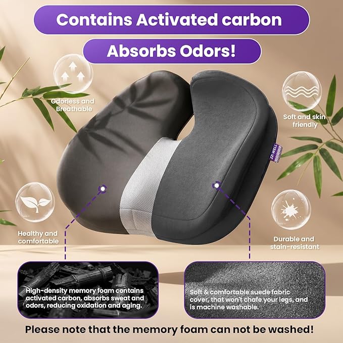 ZZ-WELL Seat Cushions for Office Chairs, Car Seat - Patented Coccyx Cushion for Tailbone Pain - Memory Foam Butt Cushion for Pressure Relief - Carry Handle & Non Slip Bottom (Grey)