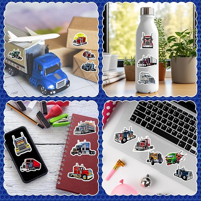 Semi Truck Stickers Truck Party Favors Birthday Party Decorations Vinyl Waterproof Stickers for Water Bottle Laptop Luggage Helmet