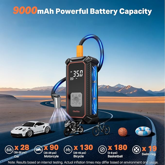 OlarHike Tire Inflator Portable Air Compressor, 9000mAh Battery Powered, 150PSI Dual Mode, Auto Air Pump for Car Tires, Motorcycle, Bicycle, Electric Pump with LED Light & Digital Pressure Gauge