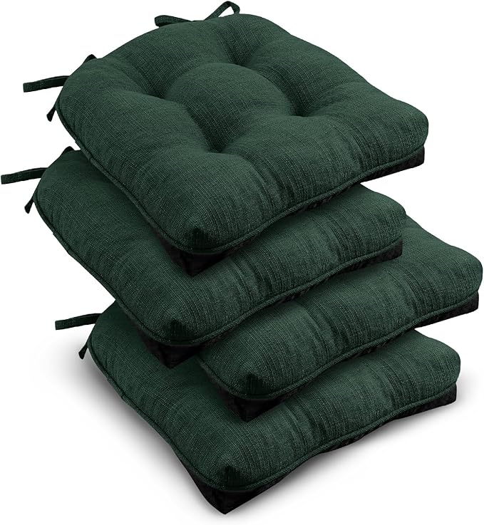 downluxe Indoor Chair Cushions for Dining Chairs, Tufted Overstuffed Textured Kitchen Chair Pads with Ties and Non-Slip Backing, 16.5" x 16.5" x 4", Dark Green, 4 Pack