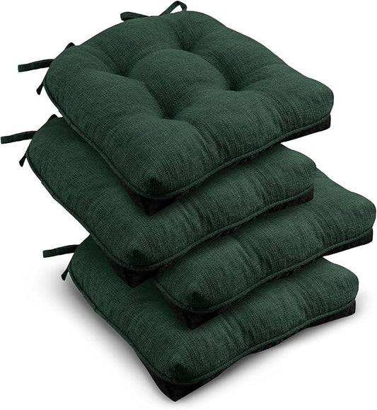 downluxe Indoor Chair Cushions for Dining Chairs, Tufted Overstuffed Textured Kitchen Chair Pads with Ties and Non-Slip Backing, 16.5" x 16.5" x 4", Dark Green, 4 Pack