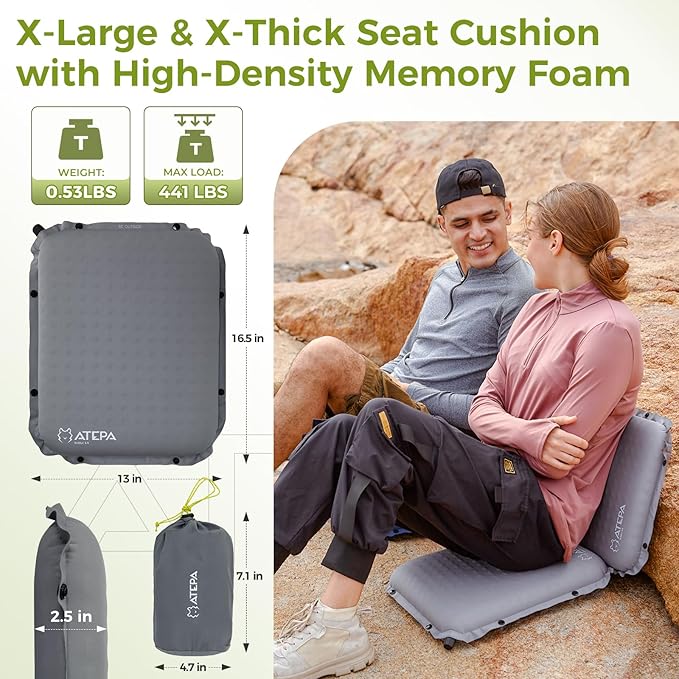 ATEPA Inflatable Seat Cushion, Compact Self-Inflating Seat Cushion for Stadium Airplane Air Travel Bleacher Camping, Blow Up Foam Seat Pad for Outdoor Sports Events Backpacking Hiking Sitting