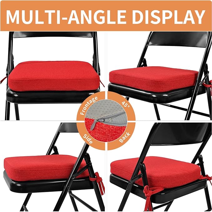 SINOSSO Memory Foam Chair Cushions for Folding Chairs 6 Pack, Thickened 2" Square Pads with Ties for Kitchen Chairs, Indoor Non-Slip Dining Chair Seat Cushions (Set of 6, Red)