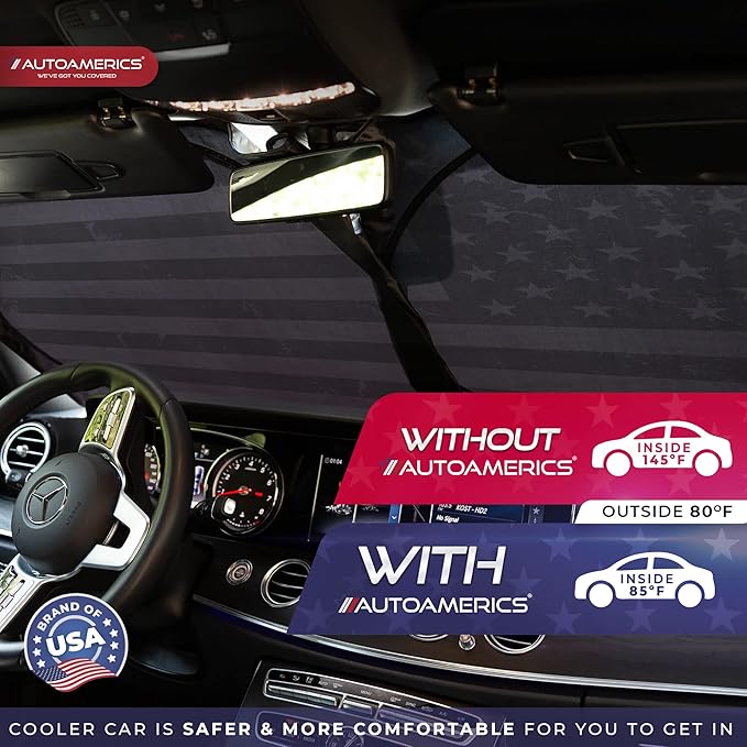 Autoamerics 1-Piece Windshield Sun Shade Grunge B&W American Flag USA Design - Foldable Car Front Window Sunshade for Most Sedans SUV Truck - Blocks Max UV Rays and Keeps Your Vehicle Cool - Large