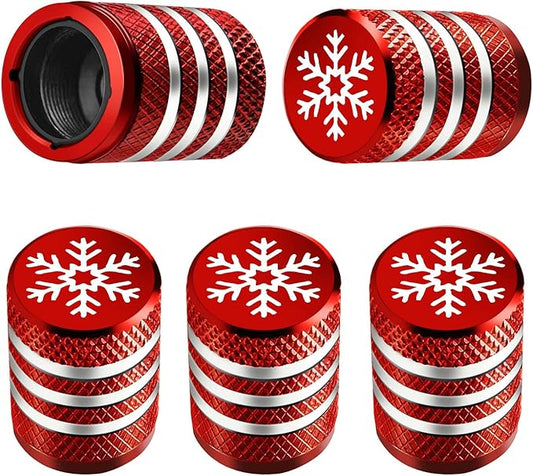 Tire Valve Stem Cap Cover - (5 Pack) Tire Air Caps Metal with Plastic Liner Corrosion Resistant Leak-Proof Snow Snowflake for Car Motorcycle Bike Red