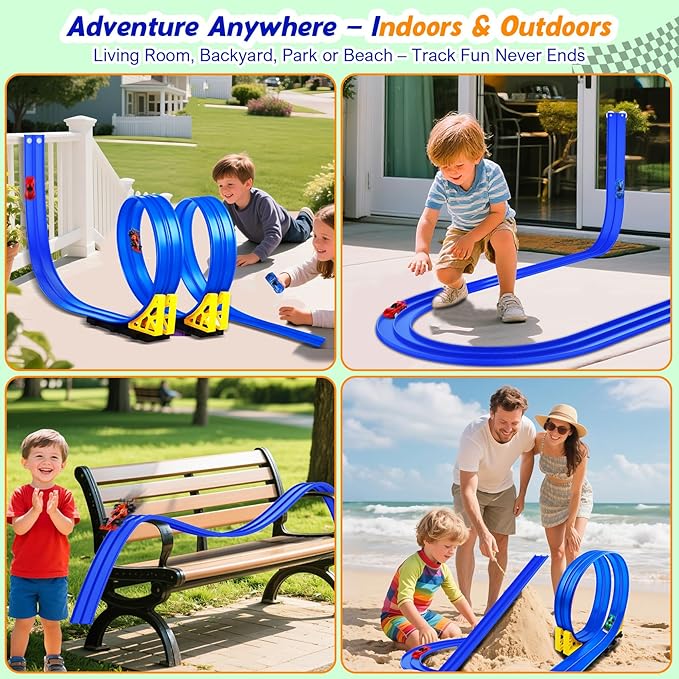 Nicmore Flexible Race Track Toy Set: 15ft DIY Bendable Ramp with Suction Cups – Portable Roll-Up Car Track for Kids Compatible with 1:64 Diecast Cars – Birthday Christmas for Boys Girls Ages 3+