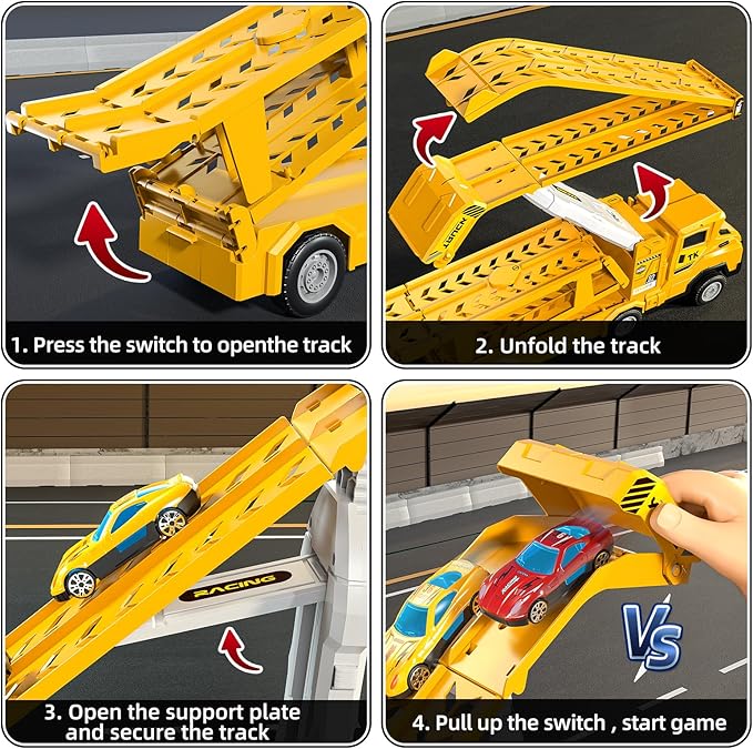 Transport Truck Toys for 3 4 5 6 7 Years Old Boys,Toy Cars Track Set Transporter Trucks with 12 Die-Cast Car Toys 2 Race catapults Dual-Track Model,Toddler Set for Kids Boys Girls,Yellow