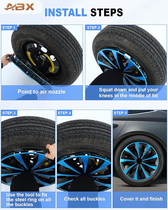 ABX Hubcaps,15 inch hubcaps Set of 4, Wheel Rim Cover ABS Material, Snap On Car Truck SUV Replacement, for Toyota Camry Nissan Mazda etc, Black & Blue