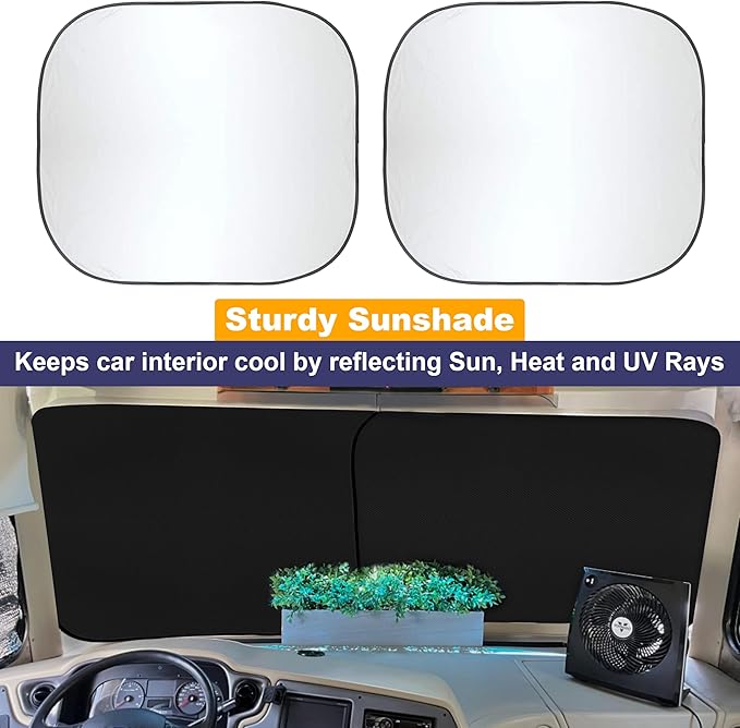 EcoNour 2-Piece Foldable RV Windshield Sun Shade, 240T Reflective Polyester, UV Protection & Heat Block for Truck, Motorhome & Bus Front Window, Keeps Interior Cool – (50" L x 41.5" W)