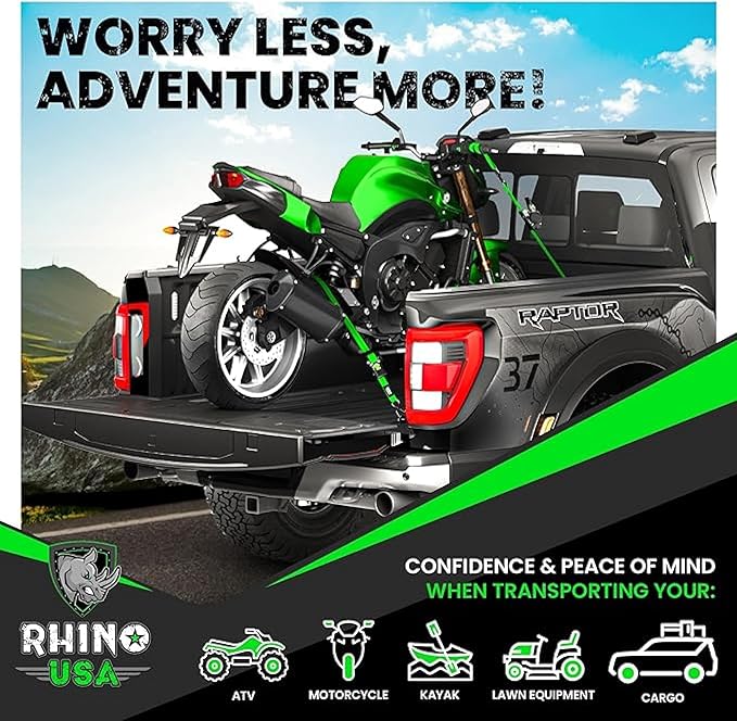 Rhino USA Retractable Ratchet Straps (2-Pack) - 1 Inch x 10 Feet (1,209lb Break Strength) - Auto Self Retracting Tie Down Straps for Truck, Cargo Trailer, Motorcycle, ATV, UTV - Green