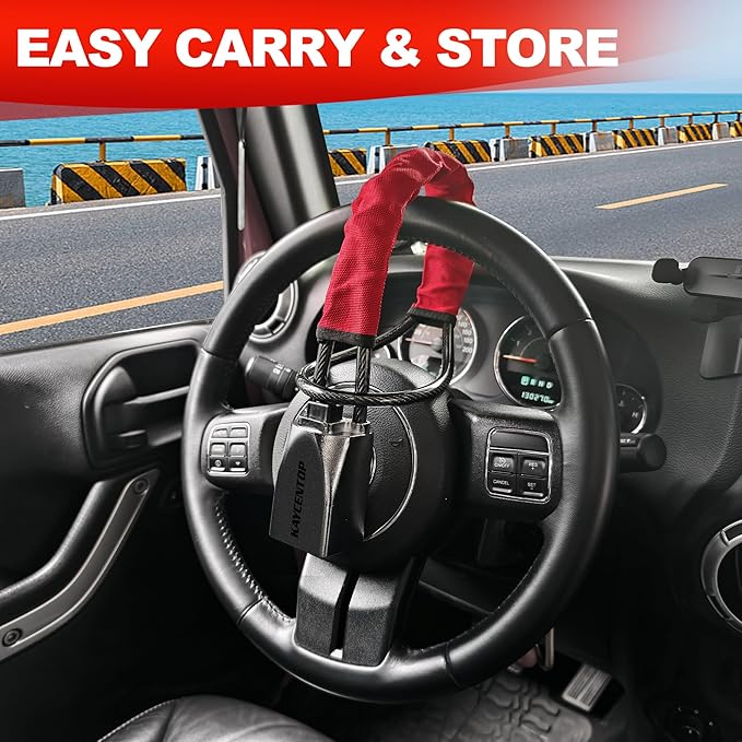 KAYCENTOP Car Steering Wheel Lock, Seat Belt Lock, Car Locks Anti-Theft Device with Aluminum Alloy Lock Housing, Max 17 Inch Length, High Visibility and Light-Weight, Universal Fit, 3Keys(Red)