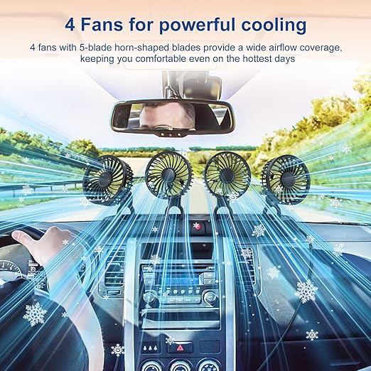 Portable 4-Head Car Cooling Fan - 3-Speed Adjustable, 360° Rotating, Cigarette Lighter Plug, Powerful Airflow for Vehicles, RVs, and SUVs