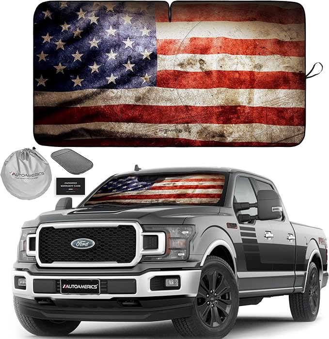 Autoamerics Truck Windshield Sun Shade with Storage Pouch & Anti-Slip Dash Pad - Foldable Grunge USA Flag-2 Design Cover - Fits Most SUVs & Trucks -Reflective 230T Material | X-Large (66 x 36 inches)