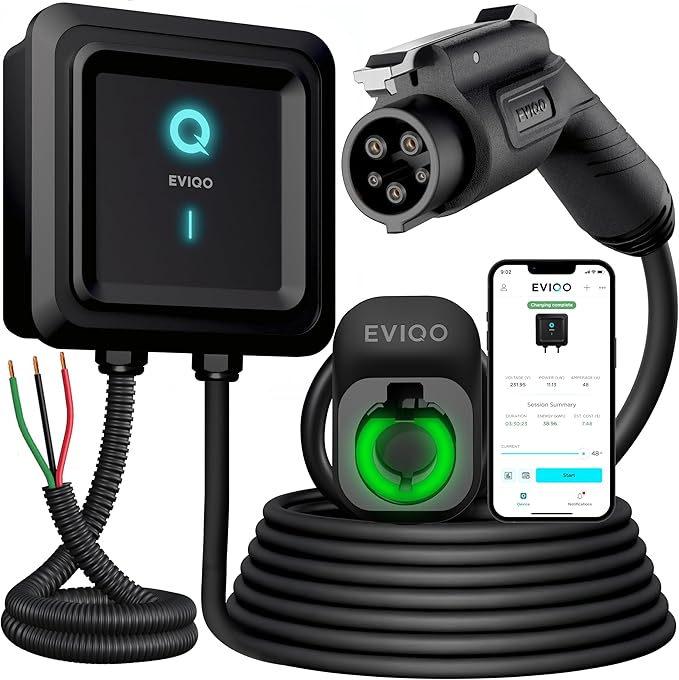 EVIQO Level 2 EV Charger, 48 Amp 240V, J1772 Charger for Non-Tesla EVs, 25ft Cable, WiFi (2.4GHz) Smart App, Weatherproof Indoor/Outdoor (IP66, NEMA 4), UL & ETL Certified, Hardwired, 11.5kW