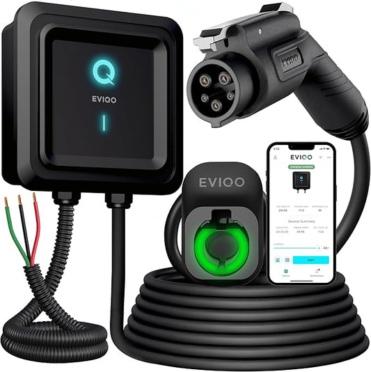 EVIQO Level 2 EV Charger, 48 Amp 240V, J1772 Charger for Non-Tesla EVs, 25ft Cable, WiFi (2.4GHz) Smart App, Weatherproof Indoor/Outdoor (IP66, NEMA 4), UL & ETL Certified, Hardwired, 11.5kW
