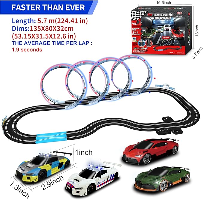 AGM MASTECH 18.7ft Slot Car Race Track Set,4 Official Licensed Light-Up Cars, Steering Wheel&Paw Controllers, Adjustable Speed, 4 Flashing Loop Tracks, Dual Power Modes, for Kids 8+, Family Racing Fun