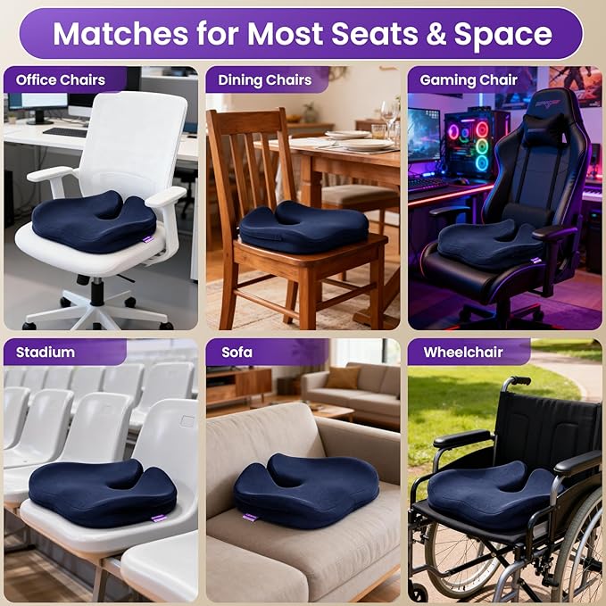 ZZ-WELL Seat Cushions for Office Chairs - Coccyx Cushion for Tailbone Pain Pressure Relief - Memory Foam Butt Pillows for Sitting, Wheelchair, Car Seat- Carry Handle & Non Slip Bottom (Navy Blue)