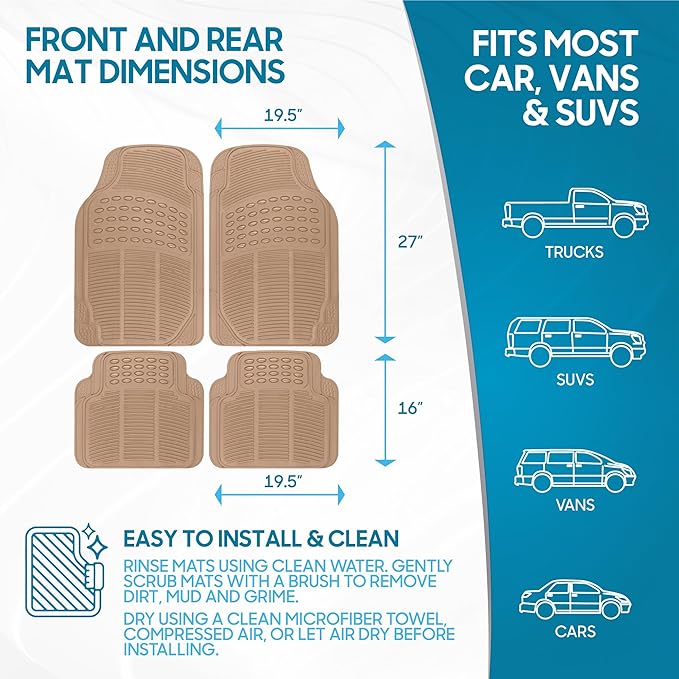BDK ProLiner Floor Mats for Cars Trucks SUV, 4-Piece All-Weather Car Mats with Universal Fit Design, Durable Car Floor Mat with Capture Ridges, Waterproof Rubber Floor Mat for Cars (Beige)