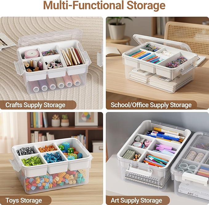 80Qt Stackable Storage Bins with Lids & Trays, Clear Plastic Latching Boxes Organizers with Dividers Portable 20Gal Containers for Arts & Crafts, Home and Car Trunk Organization, 4Pack