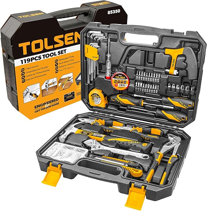 TOLSEN 119 Pieces Tool Set for Home Maintenance and Daily Use, General Household Hand Tool kit with Plastic Storage Toolbox, Home Tool Kits for All Purpose
