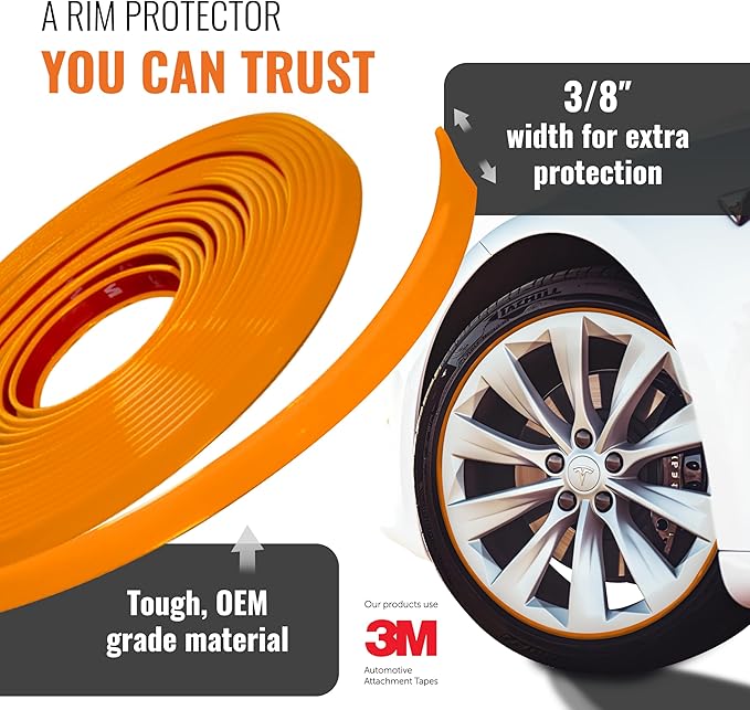 All-Fit Automotive Rim Trim – Durable DIY Car Exterior Accessories for Curb Rash Protection – Fits Up to Four 24” Wheels – Flexible, Durable Wheel Rim Protector (3/8″ width/Orange)