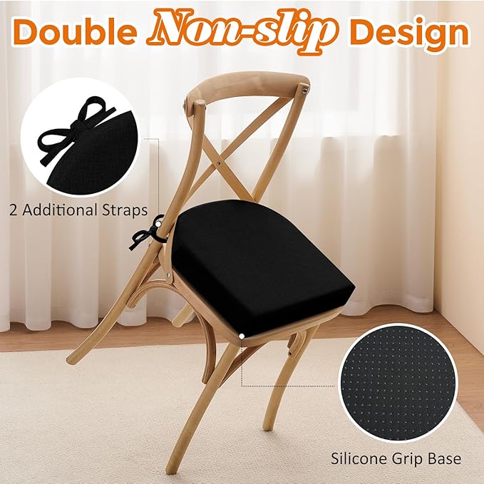 downluxe Chair Cushions for Dining Chairs, Memory Foam Linen Kitchen Chair Pads with Ties, Waterproof, Stain-Resistant and Washable Cover, 17" x 16" x 2.5", Black, 4 Pack