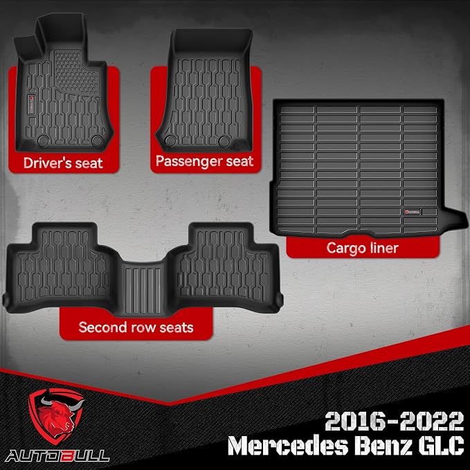 Floor Mats & Cargo Liner Compatible with 2016-2022 Mercedes Benz GLC Cargo Mat, Full Set All Weather Protection 1st, 2nd Row Car Liners & Trunk Mat, Black