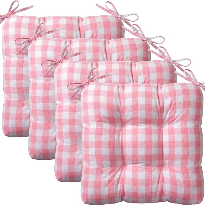 Geetery 4 Pack Valentine's Day Chair Cushions for Dining Chairs, 16" x 15" Pink and White Kitchen Chair Cushions with Ties Buffalo Plaid Soft Comfy Seat Pads for Home Office Living Room Outdoor Indoor