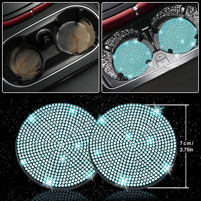 NBTEPEM 8 pcs Bling Car Accessories Set for Women, Steering Wheel Cover, Sparkly Seat Belt Covers, Bling Gear Shift Cover, Universal Fit Most Cars (Aquamarine Diamond)