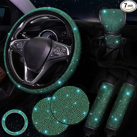 Steering Wheel Cover Set 15 inch,7 Pack Crystal Rhinestone Diamond Bling Green Car Accessories Set,Seat Belt Cushion, Gear Shifter Cover,Car Bling Ring, Cup Coaster,Green