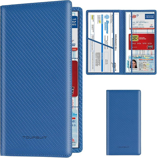 TOURSUIT Car Registration and Insurance Card Holder, Vehicle License Document Glove Box Compartment Organizer, Essential Car Wallet Case for Driver Auto Owners (Carbon Blue)