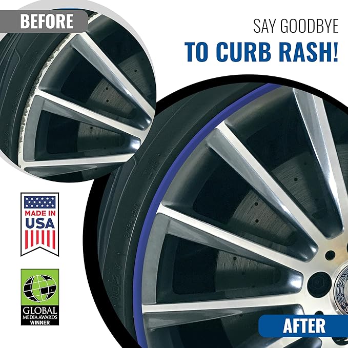 All-Fit Automotive Rim Trim – Durable DIY Car Exterior Accessories for Curb Rash Protection – Fits Up to Four 24” Wheels – Flexible, Durable Wheel Rim Protector (3/8″ width/Blue)