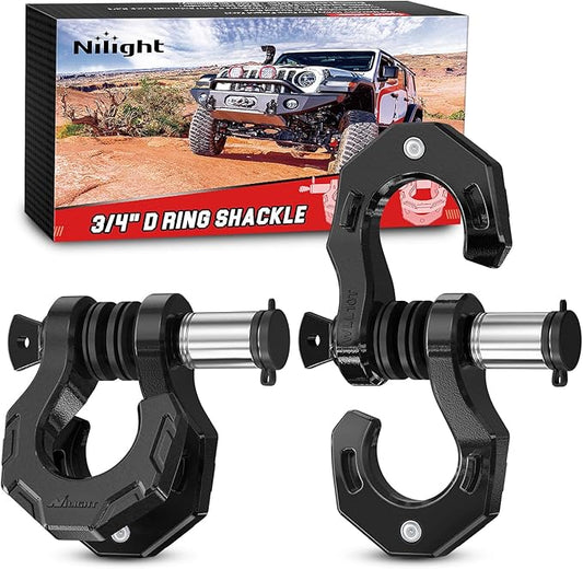 Nilight 2 Pack 3/4" D-Ring Separate Shackle with 7/8" Lock Pin 45,000 lbs Break Strength, Off Road Recovery Shackle with Isolators Washers for Use with Tow Strap, Winch, Truck Vehicle (Black)