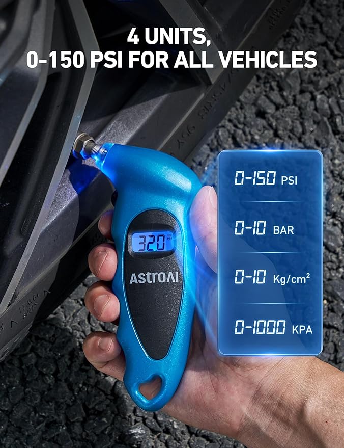 AstroAI Digital Tire Pressure Gauge 0-150PSI Calibrated to ANSI B40.7 +/-1PSI, Accurate in 0.1 Increments, 4 Units for Car Truck Bicycle with Backlight LCD, Blue