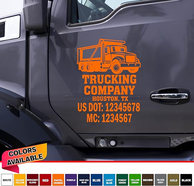Custom Truck Door Vinyl Decal, Commercial Vehicle Lettering with DOT MC Numbers Set of 2, Multiple Colors Available Lettering Fully Customizable Sticker for Trucking #4