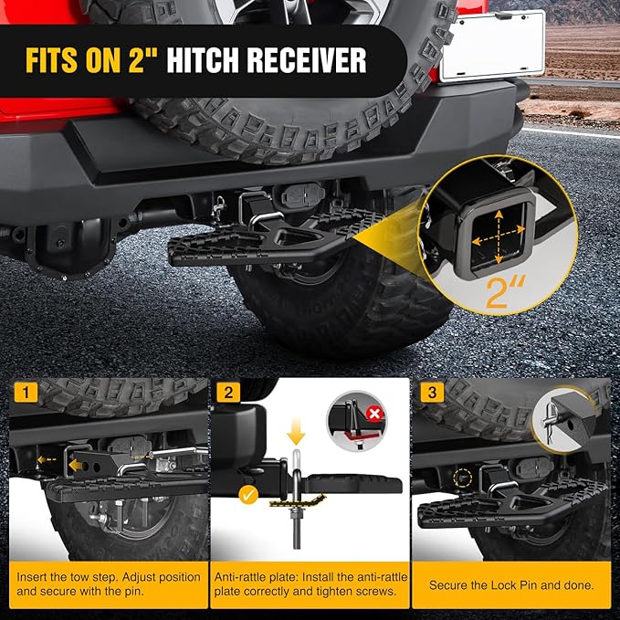 Nilight Tow Hitch Step for 2 Inch Receiver Heavy Duty Steel Universal Rear Bumper Guard Wide Non Slip Trailer Hitch Step Bar with Anti Rattle Stabilizer and 5/8 inch Pin Clip Fits Pickup Truck SUV Van
