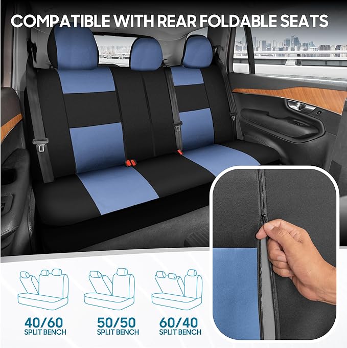 BDK PolyPro Car Seat Covers Full Set in Blue Gray on Black, Front and Rear Split Bench Seat Covers for Cars, Easy to Install Car Seats Cover Set and Accessories for Auto Trucks Van SUV - Blue Gray