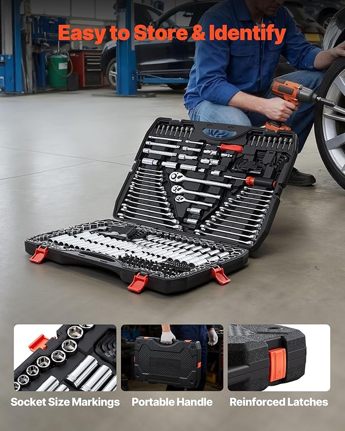 VEVOR Mechanics Tool Set, 308-Piece Mechanic Tool Kit, 1/4 in, 3/8 in, and 1/2 in Drive, SAE and Metric Socket Set, Wrenches, Screwdriver Bits, Accessories, and Storage Case, for Automotive Repair