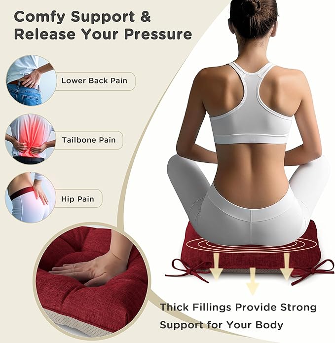 AddGrace Chair Cushions for Dining Chairs Set of 2 Kitchen Seat Cushions with Ties and Non Slip Backing Tufted Indoor Seat Pad for Kitchen Dining Room 18" x 17" x 3" Burgundy