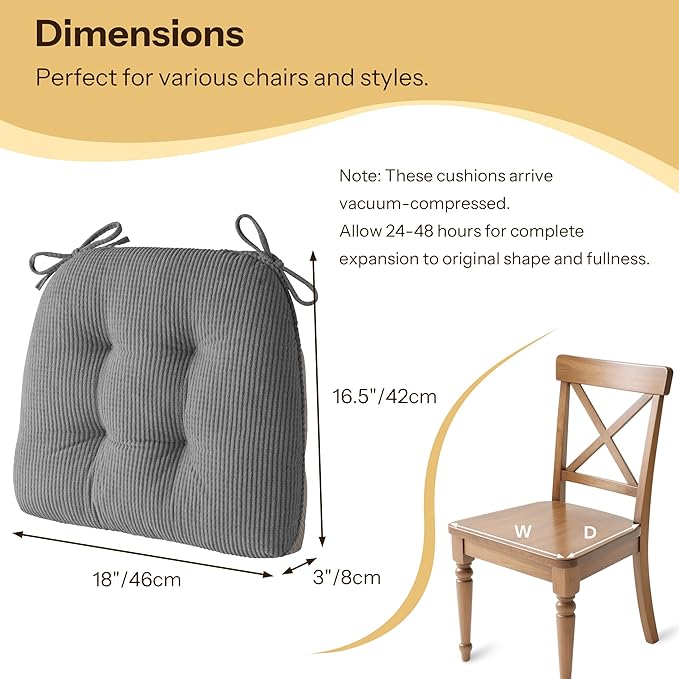 Indoor Kitchen Chair Cushions Set of 2 18"X16.5"X3" Soft Anti Slip Dining Chair Pads Tufted Kitchen Seat Cushion with Ties, Grey